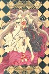  bare_shoulders barefoot bed bed_sheet black_dress brown_eyes checkered checkered_background chii chobits clamp dress elda freya_(chobits) from_above long_hair looking_at_viewer multiple_girls off_shoulder on_bed ribbon silver_hair simple_background very_long_hair white_dress 