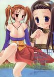  bangs bare_shoulders belt black_hair blue_eyes blush bracelet breasts brown_eyes cleavage clenched_hand collarbone corset dragon_quest dragon_quest_viii fish grass hand_on_leg highres jessica_albert jewelry knee_up large_breasts light_smile long_hair long_sleeves looking_at_viewer medea miyasu_risa multiple_girls neck_ring necklace off_shoulder orange_hair outdoors page_number pendant purple_shirt red_skirt scan shirt short_twintails sitting skirt smile soaking_feet tiara translation_request twintails water 