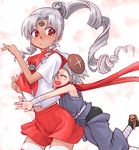  artist_request dark_skin lowres multiple_girls ninja os-tan red_eyes school_uniform silver_hair thighhighs visbou vista-tan vistake zettai_ryouiki 