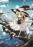  apron blonde_hair blush bow day green_eyes hair_bow hat in_tree kirisame_marisa petticoat salute sitting sitting_in_tree sky solo touhou tree witch witch_hat yamane_masato 