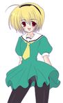  black_legwear blonde_hair crotch_seam higurashi_no_naku_koro_ni houjou_satoko panties panties_under_pantyhose pantyhose red_eyes school_uniform short_hair solo striped striped_panties takenaka_hisato thighband_pantyhose underwear 