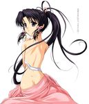  ass bandages bangs black_hair butt_crack clothes_down from_behind hair_ribbon hand_on_own_shoulder haruka_(sister_princess) long_hair looking_back nude parted_bangs ponytail purple_eyes ribbon sarashi sidelocks simple_background sister_princess smile solo translation_request tress_ribbon undressing very_long_hair white_background zundarepon 