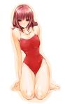  :o brown_eyes brown_hair copyright_request goshiki_suzu kneeling one-piece_swimsuit red_hair red_swimsuit seiza sitting solo swimsuit thighs 