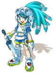  armor blue_eyes blue_hair full_body funbolt gloves goggles hairlocs king_gainer mecha_musume midriff navel overman_king_gainer solo standing sword weapon 