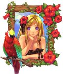  bird blonde_hair copyright_request flower hibiscus hirano_katsuyuki lowres macaw parrot purple_eyes red-and-green_macaw solo tropical white_background 