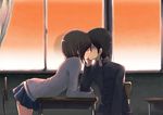  1girl classroom copyright_request couple hetero hrd kiss light school_uniform short_hair sunset window 
