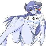  artist_request astaroth_(shinrabanshou) black_sclera blue_hair blue_skin check_translation clothes_writing cutoffs demon_girl denim denim_shorts horns long_hair shinrabanshou shirt short_shorts shorts solo t-shirt tail translation_request yellow_eyes 