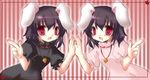  alternate_color animal_ears blush brown_hair bunny_ears carrot dress dual_persona inaba_tewi index_finger_raised jewelry multiple_girls pendant short_hair smile symmetrical_hand_pose symmetry touhou yoroi_nau 