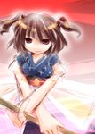  belt breasts brown_hair fighting_dress fingers hair_ornament japanese_clothes kimono large_breasts line_miyako looking_at_viewer onozuka_komachi plait red_background red_eyes rod sketch smile solo touhou 