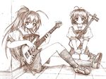  artist_request bachi band bass_guitar brown hayase_mitsuki instrument kimi_ga_nozomu_eien monochrome multiple_girls plectrum school_uniform shamisen suzumiya_haruka 