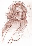 breasts freckles j._scott_campbell large_breasts long_hair marvel mary_jane_watson monochrome sketch solo 