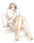 artist_request bangs bare_legs barefoot bed_sheet bottomless closed_mouth feet frown full_body gyakuten_saiban karuma_mei knees_together_feet_apart knees_up long_sleeves looking_at_viewer lowres mole mole_under_eye on_bed pillow pillow_hug shirt silver_eyes silver_hair sitting solo swept_bangs white_background white_pillow white_shirt 