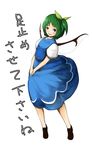  bow daiyousei dress green_eyes green_hair hair_bow hands_together laboto open_mouth shoes short_hair side_ponytail smile solo text_focus touhou translation_request v_arms wings yellow_bow 