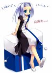  :d blue_eyes blue_hair dress eraser eraser-tan minazuki_haruka open_mouth original personification product_girl sitting smile solo tombow_mono translated 