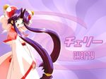  blue_eyes bow character_name cherry_(saber_j) hair_ornament happy japanese_clothes kimono kotobuki_tsukasa long_hair low-tied_long_hair pink_bow purple_hair saber_marionette_j solo twintails very_long_hair wallpaper 