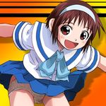  brown_eyes brown_hair hairband haruyama_kazunori konjiki_no_gash!! leaning_forward lowres mizuno_suzume panties school_uniform short_hair skirt smile solo underwear white_panties 