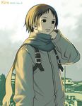  backpack bag brown_hair copyright_request day hand_on_own_neck jacket koba-b lowres over_shoulder scarf sky solo watermark 