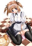  apron between_legs blue_eyes brown_footwear brown_hair checkered checkered_floor eyebrows_visible_through_hair hair_ribbon hand_between_legs headdress loafers looking_at_viewer maid on_floor original ribbon shiruko shoes short_sleeves solo thighhighs tray twintails two_side_up waist_apron waitress wrist_ribbon zettai_ryouiki 