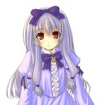  3.1-tan blush bow bowtie center_frills dd_(ijigendd) dress eyebrows_visible_through_hair frills juliet_sleeves long_hair long_sleeves looking_at_viewer os-tan puffy_sleeves purple_bow purple_dress purple_neckwear red_eyes silver_hair simple_background solo very_long_hair white_background 