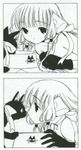  animal bangs blunt_bangs cat chii chobits clamp close-up comic face from_side gloves greyscale long_hair lowres monochrome official_art profile short_hair silent_comic table upper_body 
