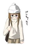  artist_request bag beanie brown_hair disguise glasses hat maria-sama_ga_miteru solo sweater translated tsukiyama_minako 