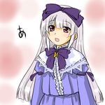  3.1-tan :d a bangs blunt_bangs bow bowtie capelet dd_(ijigendd) dress expressionless eyebrows_visible_through_hair frills hair_bow long_sleeves open_mouth os-tan pink_background purple_bow purple_dress purple_eyes purple_neckwear silver_hair simple_background smile solo text_focus upper_body 