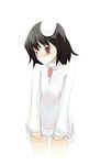  animal_ears black_hair blush bunny_ears carrot_necklace clear_cross cowboy_shot inaba_tewi long_sleeves looking_away red_eyes short_hair simple_background solo standing sweat touhou white_background 