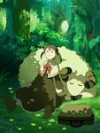  briefcase brown_dress brown_footwear brown_hair closed_eyes dappled_sunlight dress forest grass nature original otani_osamu outdoors plant shadow sheep shoes short_twintails sleeping solo sunlight twintails 