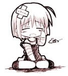  bandaid chibi closed_eyes copyright_request crossed_bandaids kurasawa_makoto lowres monochrome short_hair sitting solo tears 