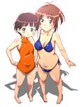  barefoot bikini blue_bikini blush breasts brown_hair full_body kimi_kiss medium_breasts multiple_girls nyazui orange_swimsuit sakino_asuka satonaka_narumi short_hair side-tie_bikini small_breasts standing swimsuit white_background 