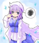  artist_request bangs blue_eyes blush eyebrows_visible_through_hair hat letty_whiterock long_sleeves looking_at_viewer lowres purple_hair scarf short_hair simple_background solo spoken_squiggle squiggle touhou 