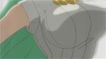 animated animated_gif bouncing_breasts breasts green_eyes green_hair higurashi_no_naku_koro_ni large_breasts long_hair lowres sleeveless sonozaki_shion 