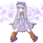  3.1-tan blush boots bow bowtie cross-laced_footwear dd_(ijigendd) dress full_body hair_bow long_hair long_sleeves looking_at_viewer os-tan purple_bow purple_dress purple_hair purple_neckwear red_eyes silver_hair smile solo very_long_hair 