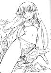  adjusting_hair armpits bikini breasts flower forehead_jewel greyscale hair_flower hair_ornament hibiscus lafiel leaf long_hair monochrome navel official_art outdoors palm_tree pointy_ears scan seikai_no_senki sketch small_breasts smile solo swimsuit tree very_long_hair watabe_keisuke 