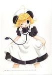  ahoge blonde_hair cable cropped_legs curtsey di_gi_charat dress green_eyes head_tilt highres koge_donbo looking_at_viewer piyoko puffy_short_sleeves puffy_sleeves short_sleeves simple_background solo standing stethoscope white_background white_dress 