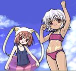  .hack//tasogare_no_udewa_densetsu 2girls bikini blush brown_hair cloud covered_navel dark_skin day innertube kotobuki_hajime kunisaki_rena lowres markings mireille_(.hack//) multiple_girls navel one-piece_swimsuit open_mouth pink_hair school_swimsuit short_hair sky smile strapless swimsuit tubetop white_hair 