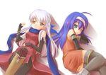  bare_shoulders black_gloves black_legwear blue_hair blue_scarf dress elbow_gloves fire_emblem fire_emblem:_akatsuki_no_megami gloves green_eyes hair_ribbon hairband half_updo kuro_(be_ok) lying micaiah multiple_girls on_back pantyhose ribbon scarf side_slit silver_hair sleeveless sleeveless_dress thighhighs wayu_(fire_emblem) white_hairband yellow_eyes 