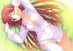  ass_visible_through_thighs bandages breasts dress_shirt empty_x_embryo kifune_mio kobuichi large_breasts long_hair lying no_panties one_eye_closed open_clothes open_shirt red_hair shirt solo 