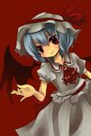  ascot bat_wings blue_hair blush brooch dress dutch_angle hat jewelry red_background red_eyes remilia_scarlet sakusakumonoka short_sleeves simple_background smile solo touhou vampire white_dress white_hat wings 