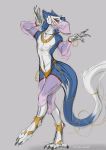  2019 anthro clothed clothing costume dancing digital_media_(artwork) fur hair linuell male markus_(dowantanaccount) sergal simple_background solo 
