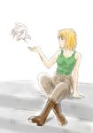  arm_support bird black_eyes blonde_hair boots cagalli_yula_athha clothes_around_waist crossed_legs flying green_shirt gundam gundam_seed knee_boots outdoors outstretched_hand pants shirt short_hair sitting sitting_on_stairs sketch smile solo stairs sweater sweater_around_waist tank_top toshibou_(satsukisou) 