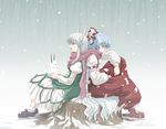  ex-keine fujiwara_no_mokou haniwa_(leaf_garden) horns kamishirasawa_keine multiple_girls scarf shared_scarf snowman touhou 
