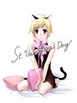  ahoge animal_ears blonde_hair cat_ears copyright_request mignon pillow ribbon solo tail valentine 