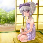  3.1-tan blurry dd_(ijigendd) depth_of_field full_body hair_ornament hair_ribbon hairpin iced_tea looking_at_viewer os-tan pillow purple_eyes ribbon seiza shouji silver_hair sitting sliding_doors solo tatami 