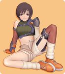  bare_shoulders brown_eyes brown_hair final_fantasy final_fantasy_vii fishnets headband midriff ninja ninja_(final_fantasy) open_fly shoes short_hair shorts sleeveless sleeveless_turtleneck sneakers socks solo spread_legs suhara_(protea) thighhighs turtleneck unzipped yuffie_kisaragi 