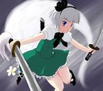  bangs black_bow black_hairband black_neckwear black_ribbon blue_eyes blunt_bangs bow bowtie buttons dress dual_wielding flower food fruit green_dress hair_ribbon hairband hitodama holding holding_food holding_fruit katana konpaku_youmu konpaku_youmu_(ghost) looking_at_viewer puffy_short_sleeves puffy_sleeves ribbon sechisu short_hair short_sleeves silver_hair solo sword touhou unsheathed weapon 