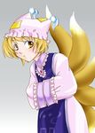  blonde_hair dress fifty fox_tail frilled_sleeves frills grey_background hands_in_opposite_sleeves hat long_sleeves looking_at_viewer mob_cap multiple_tails pillow_hat short_hair simple_background solo tabard tail touhou white_background white_dress wide_sleeves yakumo_ran yellow_eyes 