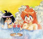  90s ^_^ amelia_wil_tesla_seyruun araizumi_rui banana bath black_hair blush breasts censored cherry closed_eyes convenient_censoring dessert drinking_straw flower food fruit highres large_breasts lina_inverse long_hair multiple_girls no_nipples nude onsen orange_hair red_eyes scan short_hair sitting slayers towel tray wet 