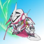  blue_background chibi electricity eureka_seven eureka_seven_(series) floating full_body gradient gradient_background green_eyes looking_at_viewer mecha nirvash no_humans okiyumi_kase solo standing 