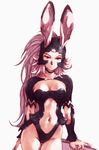  animal_ears armor breasts bunny_ears cowboy_shot ears_through_headwear final_fantasy final_fantasy_xii fran helmet high_ponytail hisahiko long_hair looking_at_viewer medium_breasts navel revealing_clothes simple_background smile solo standing viera white_background 